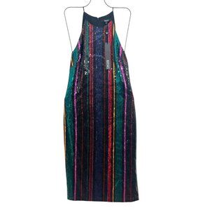 Badgley Mischka Sequin Rainbow Halter Tank Dress Black  / Multi Size 12 New
